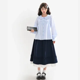 学院风高腰A字聚酯纤维半身长裙 日系深蓝色少女休闲长裙